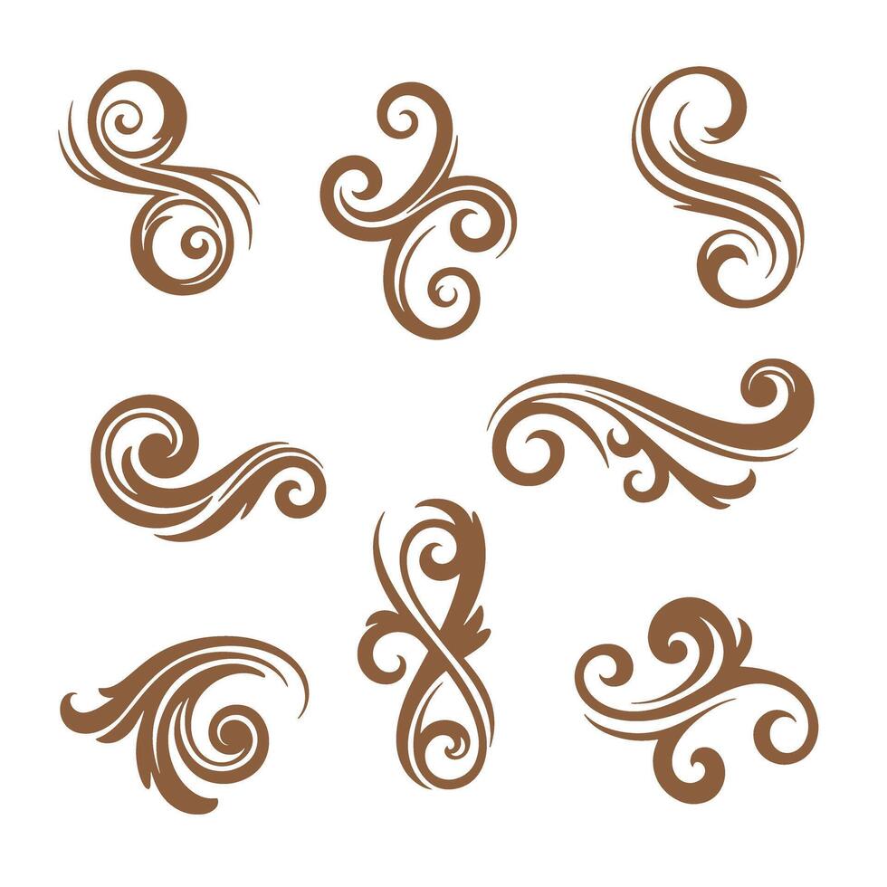 Collection of elegant decorative swirls and flourishes in brown silhouette design elements vector