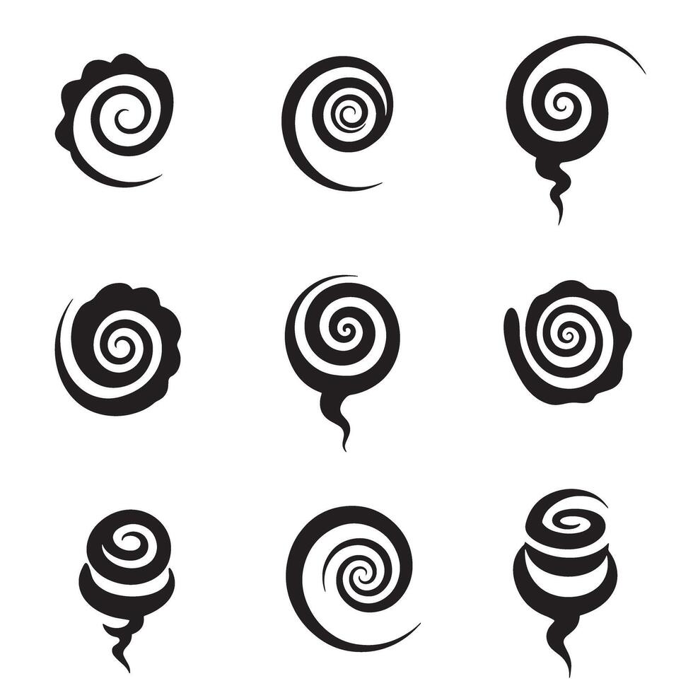 Set of black and white silhouette spiral designs in various creative shapes vector