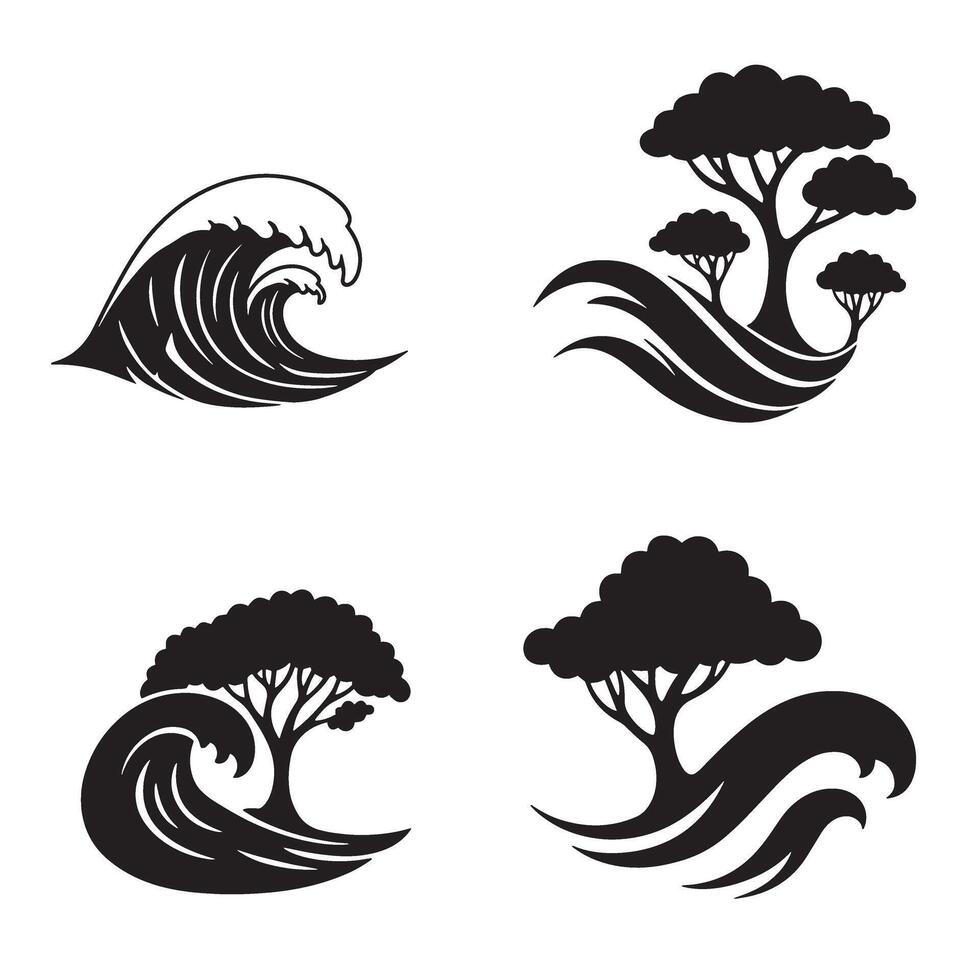 Artistic illustrations featuring trees and ocean waves in a silhouette style vector