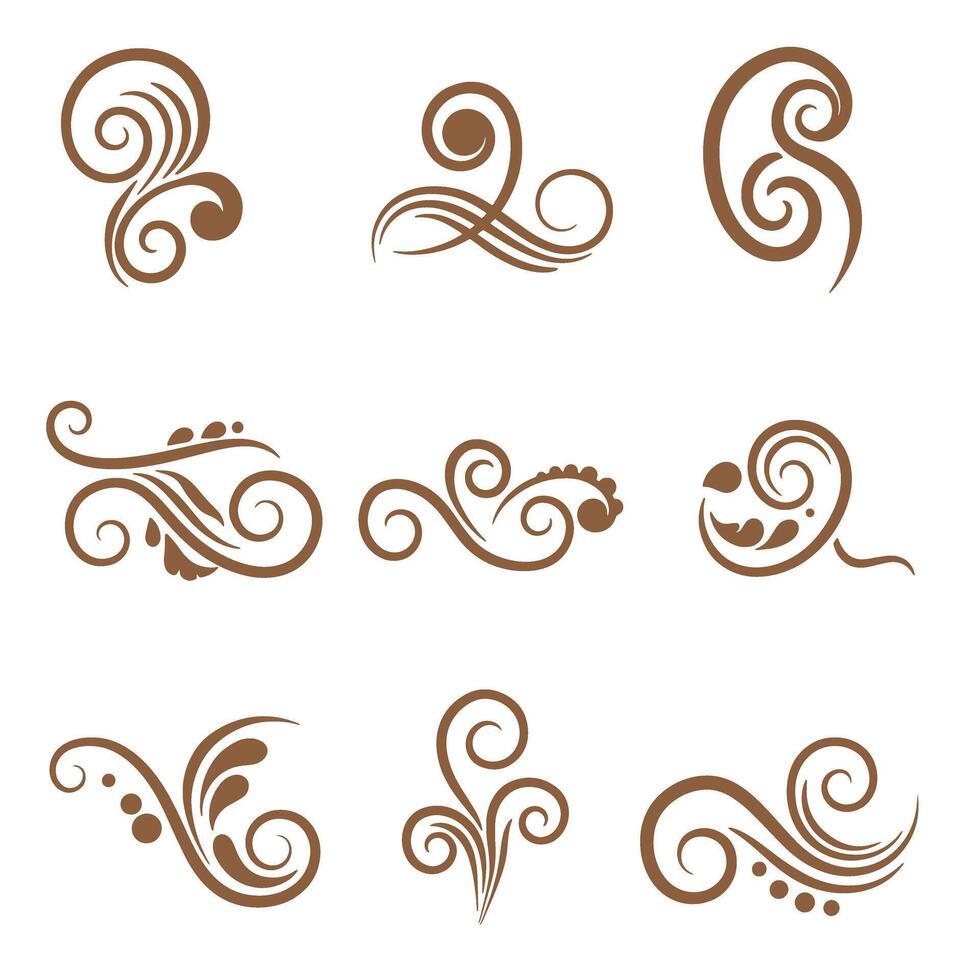 Collection of elegant brown flourishes and swirls silhouette decorative design elements vector