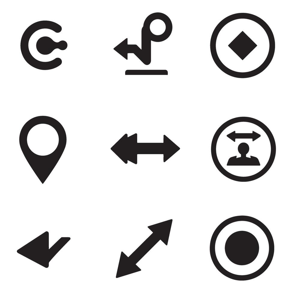 Black and white silhouette icon set representing common symbols and navigation elements vector