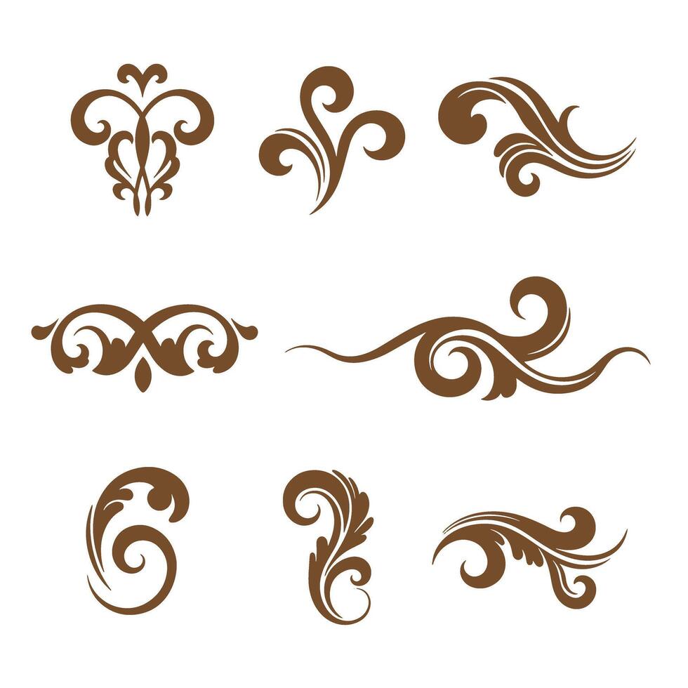 Elegant brown silhouette flourishes and swirls elements for decorative design and composition vector