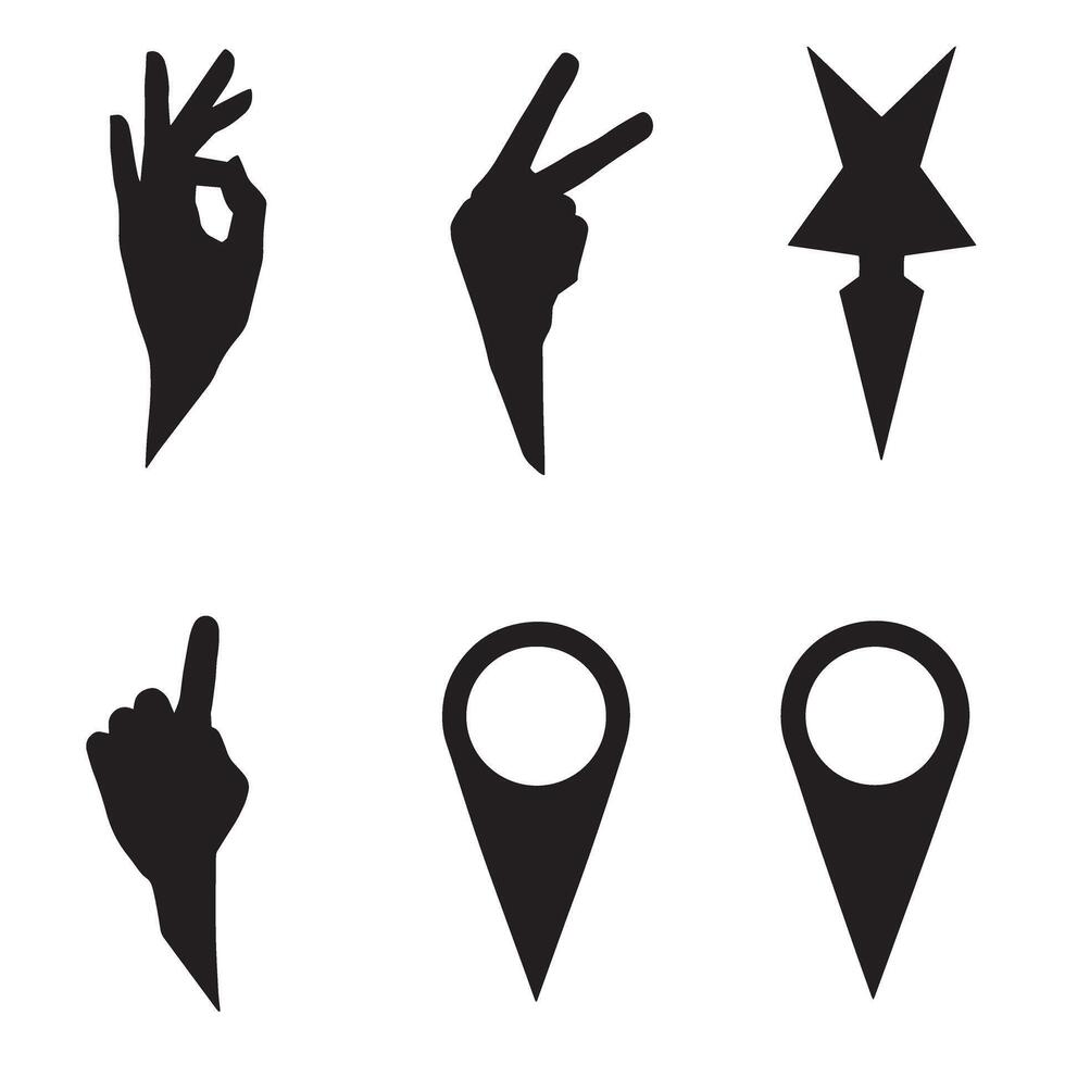 Set of black silhouette gestures including hands star and location pin icons vector