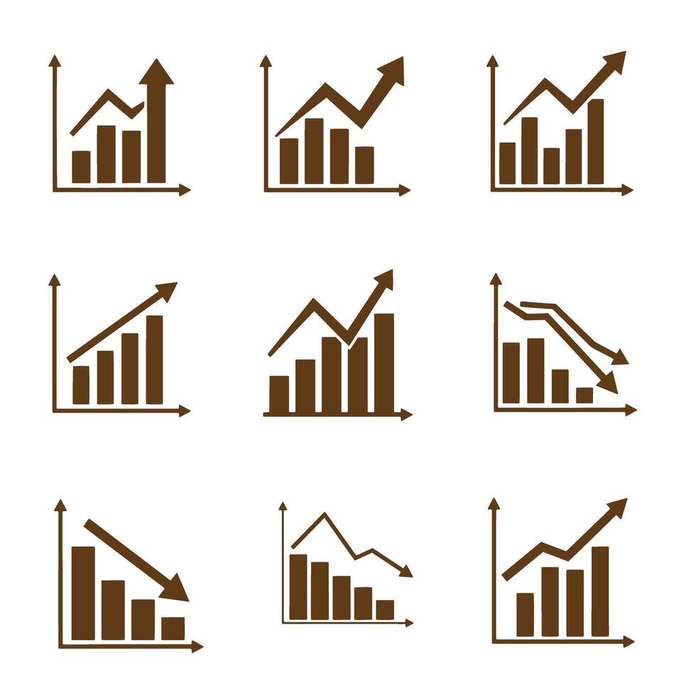 Business and finance growth and decline graphs set of silhouette illustrations vector