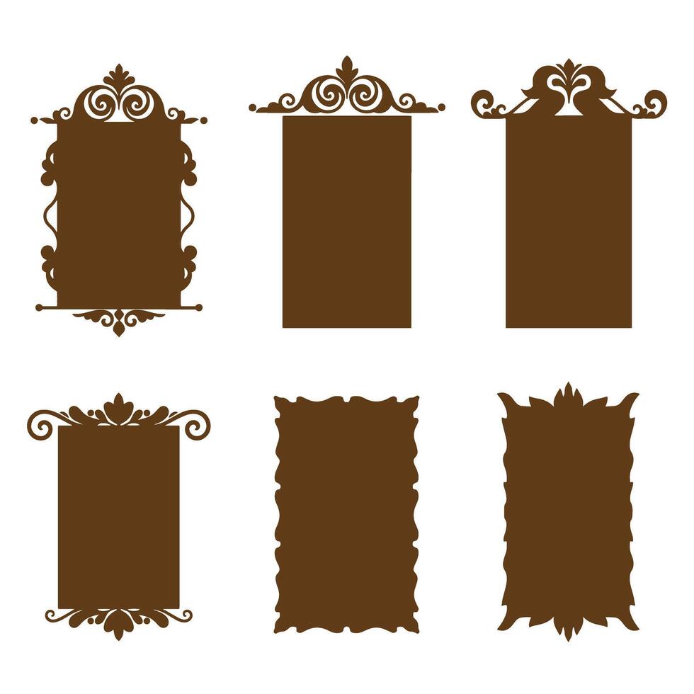 Decorative frame silhouettes with various ornate design elements in a brown color palette for elegant visual appeal vector