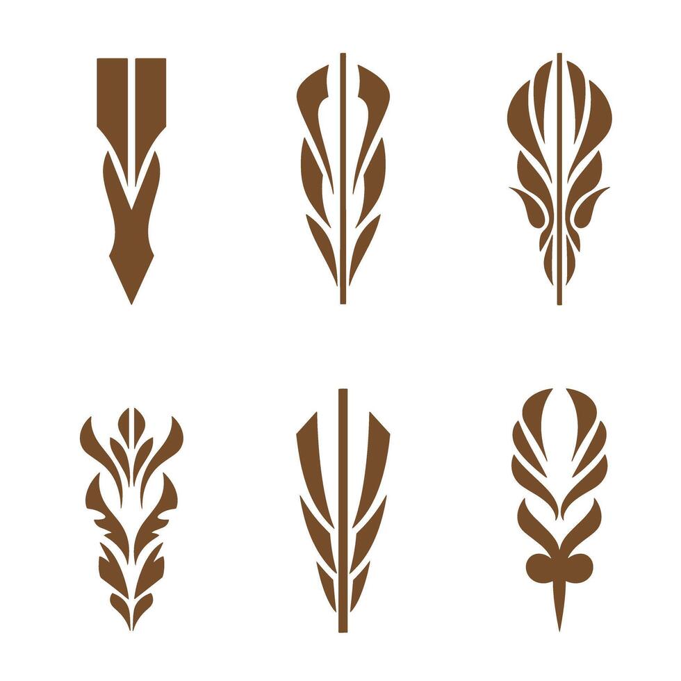 Decorative brown silhouette feather design elements set on white background vector