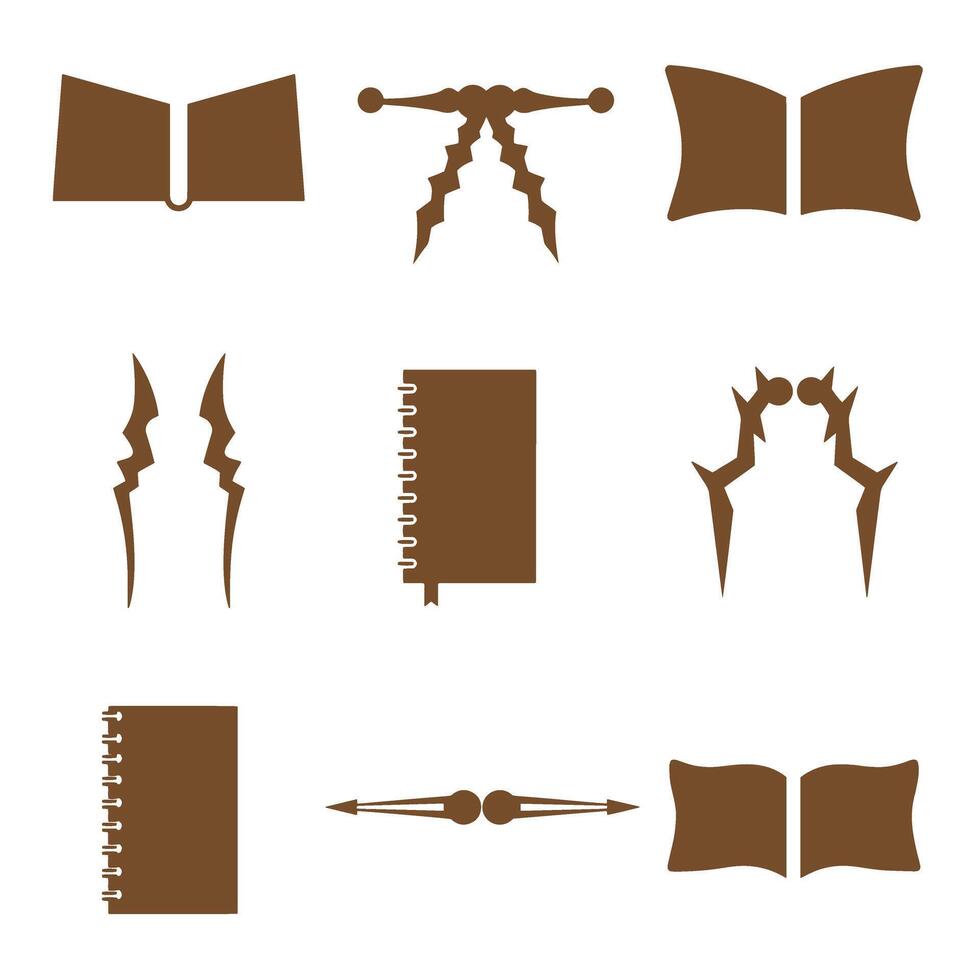 Elegant brown silhouette illustrations of books notebooks and decorative design elements vector