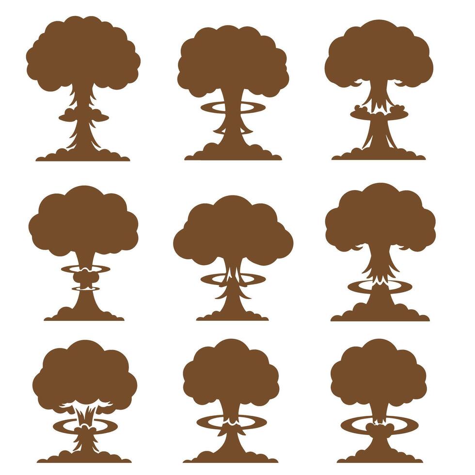 Set of nine nuclear explosion silhouettes representing atomic bomb blast cloud shape in monochrome brown color vector