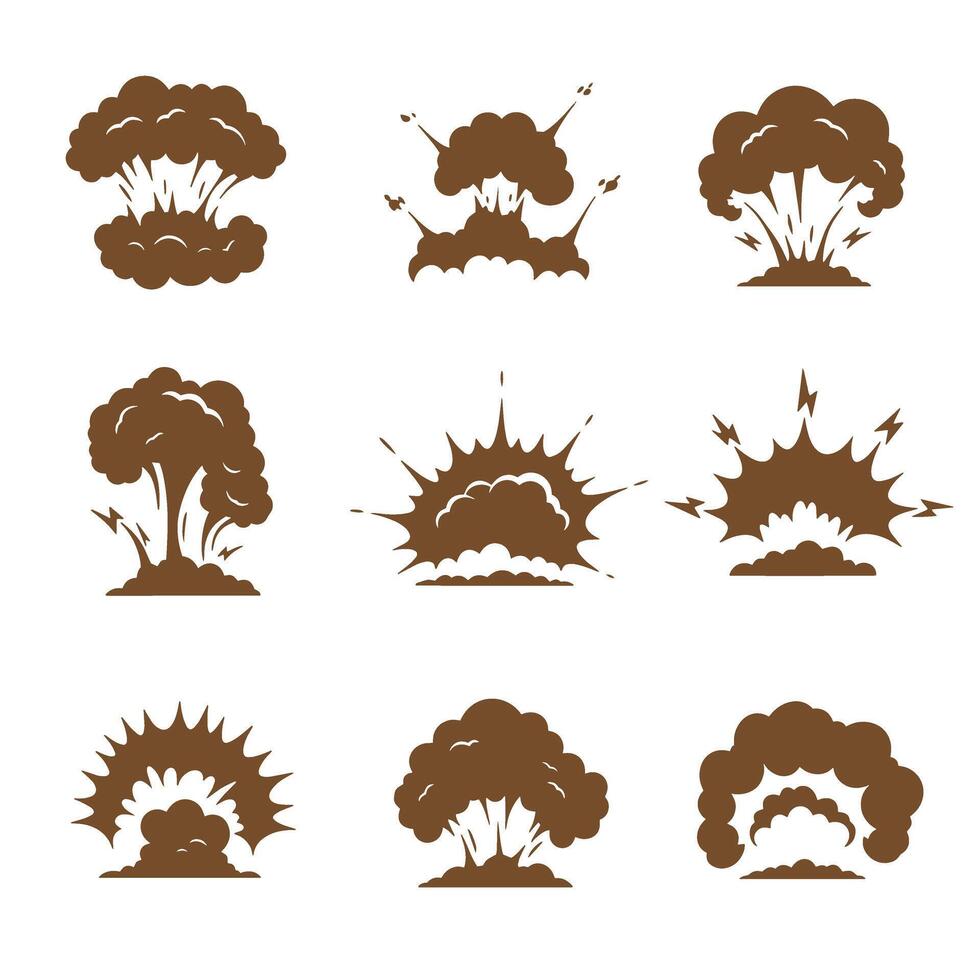 Set of nine brown explosion silhouettes for comic book effects and war elements vector