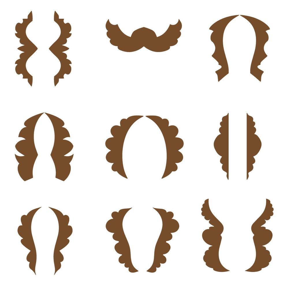 Collection of brown silhouetted hair and mustache design elements for creative illustration vector