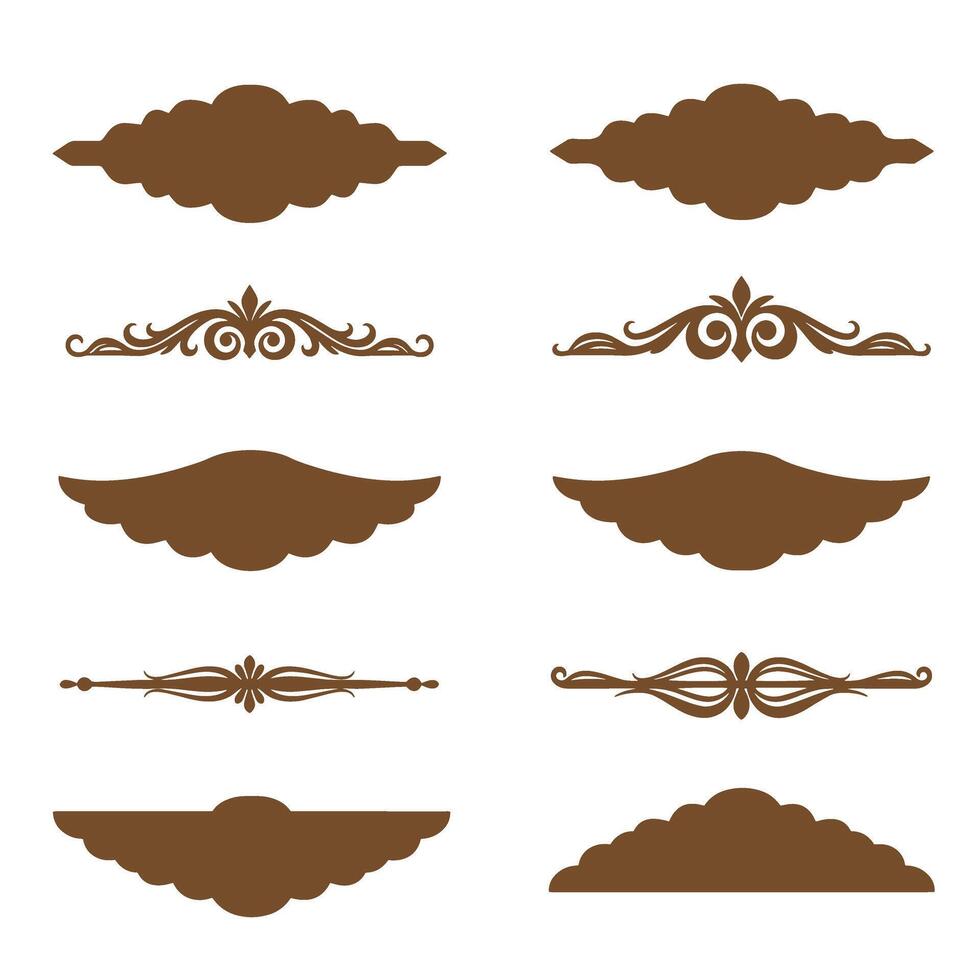 set of decorative design elements in brown silhouette shapes and floral swirls for design use vector