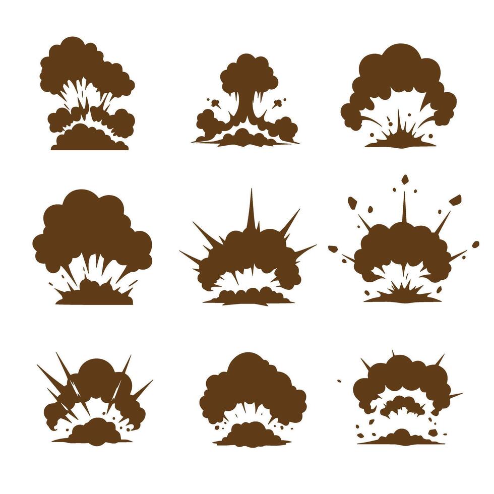 Collection of silhouette explosion effects and explosive cloud silhouettes in brown vector