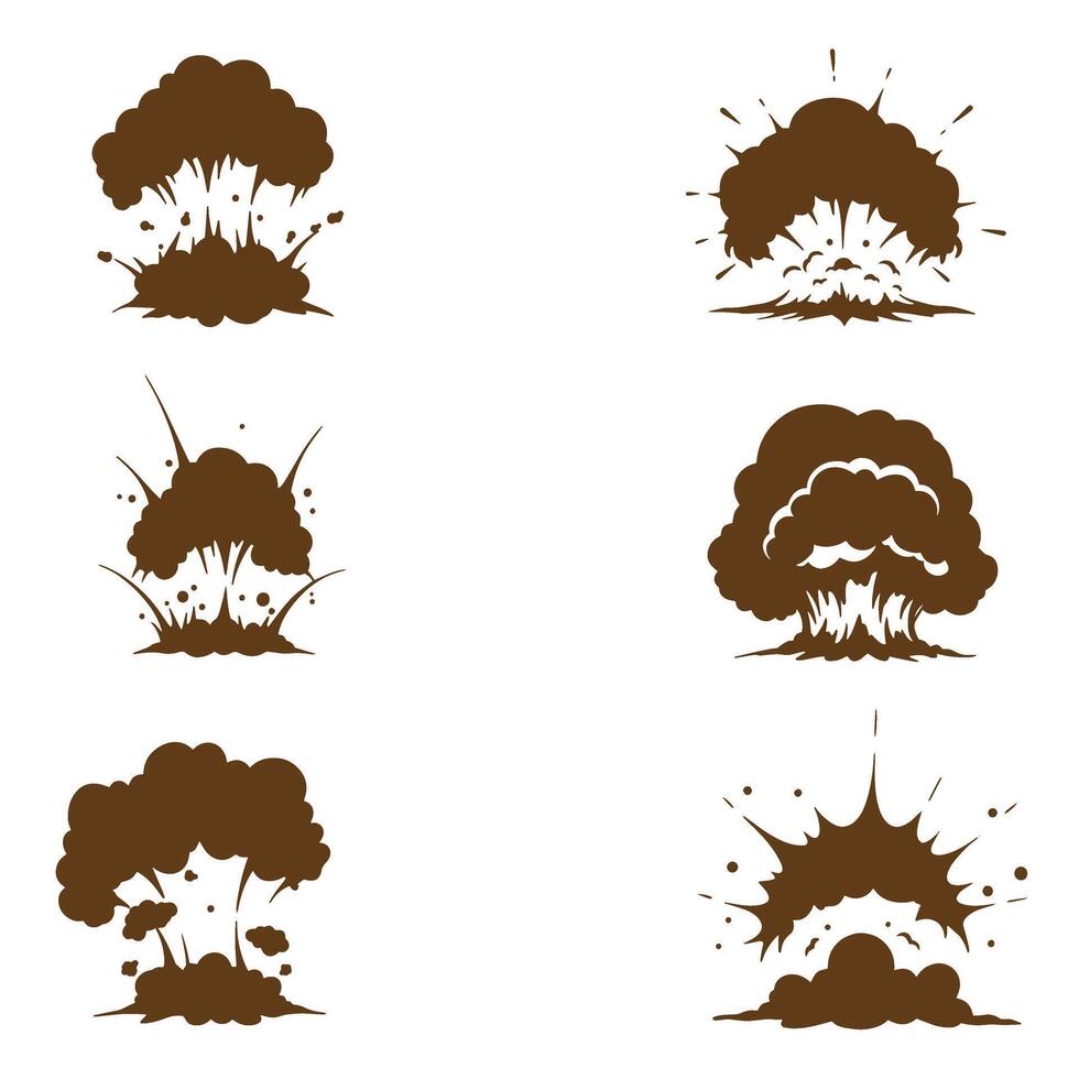 Set of illustrations depicting explosions and blasts with brown silhouette design elements vector