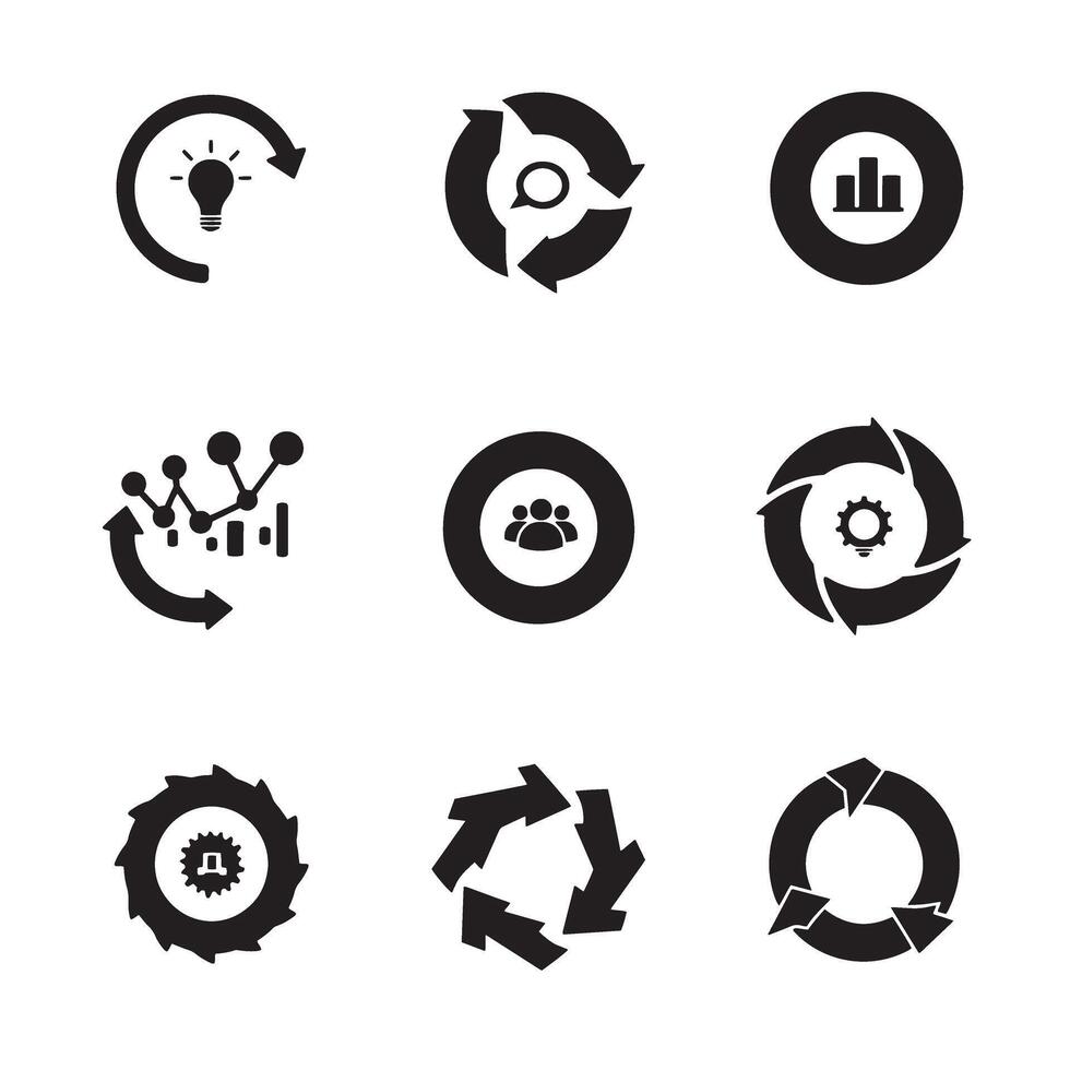 Collection of business icons illustrating concepts like ideas teamwork analytics and processes in silhouette style. vector