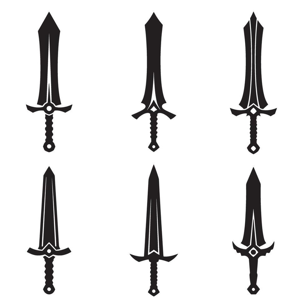 Set of six detailed silhouette swords isolated on a white background suitable for graphic design projects and fantasy themes vector