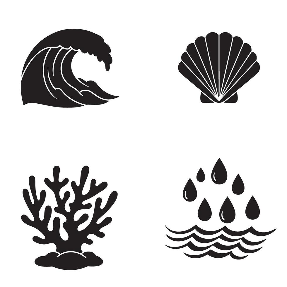 illustration of ocean elements in black and white silhouette style vector