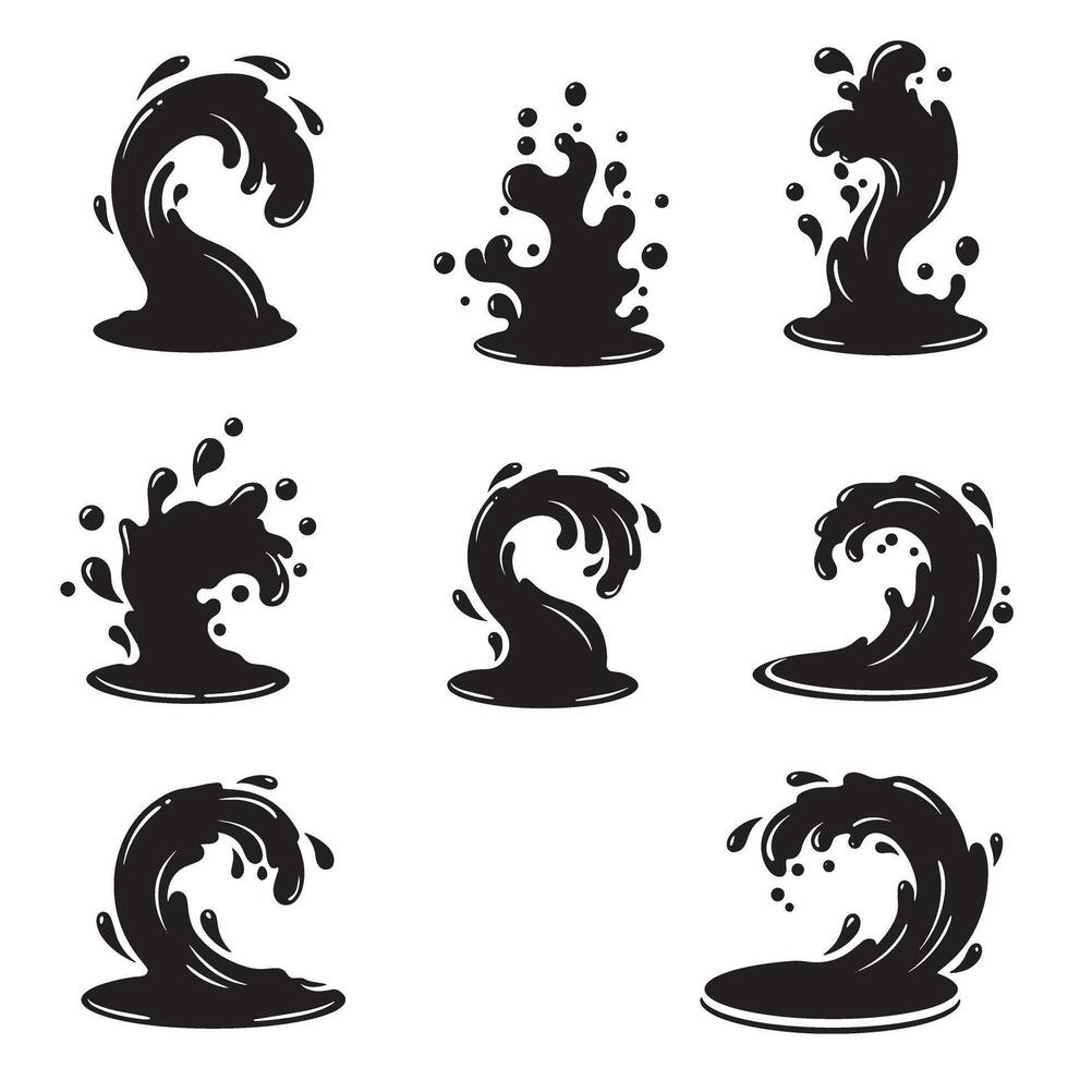 Artistic silhouette illustrations of water splashes and wave elements in various dynamic forms vector