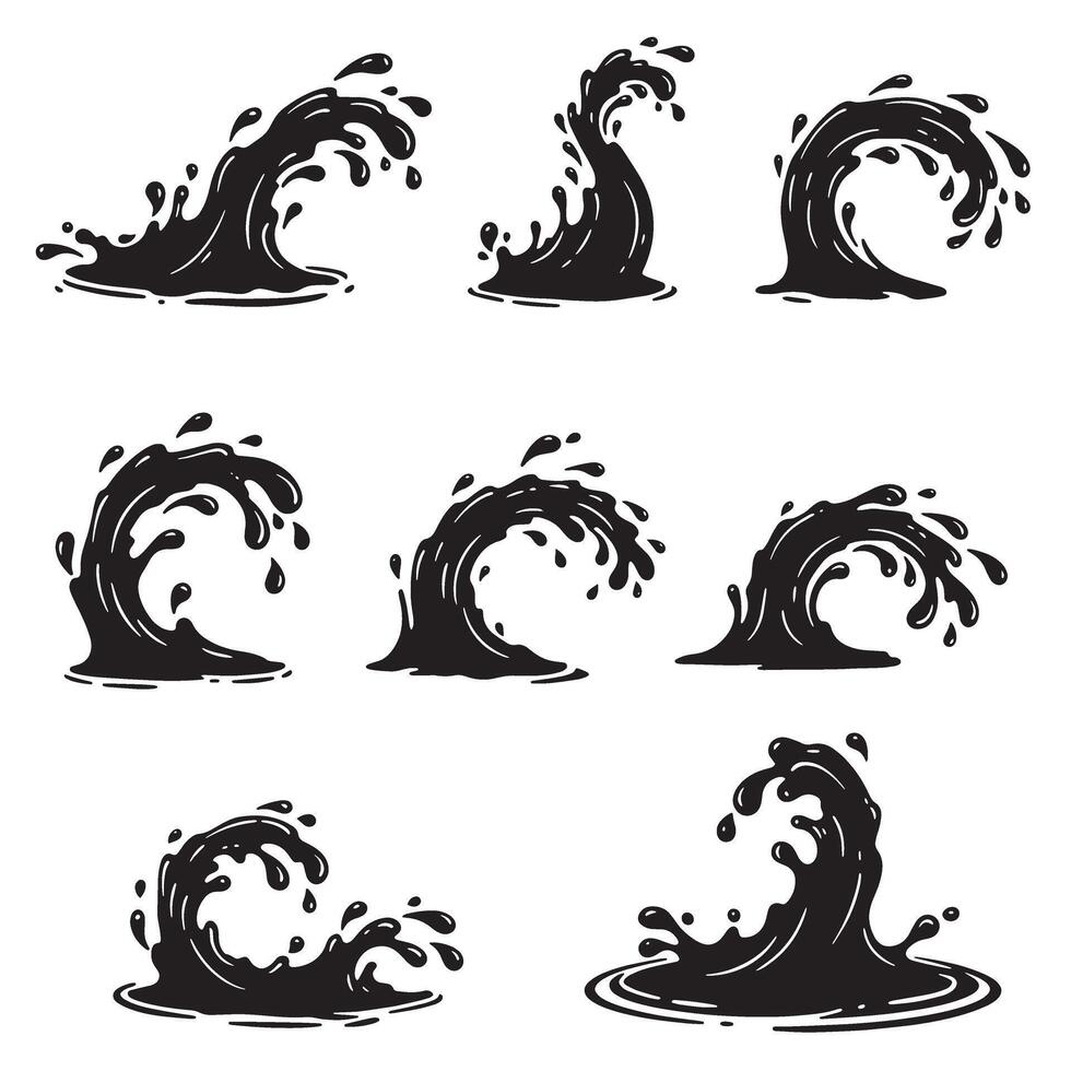 Collection of illustrations depicting dynamic waves in a monochrome silhouette style vector