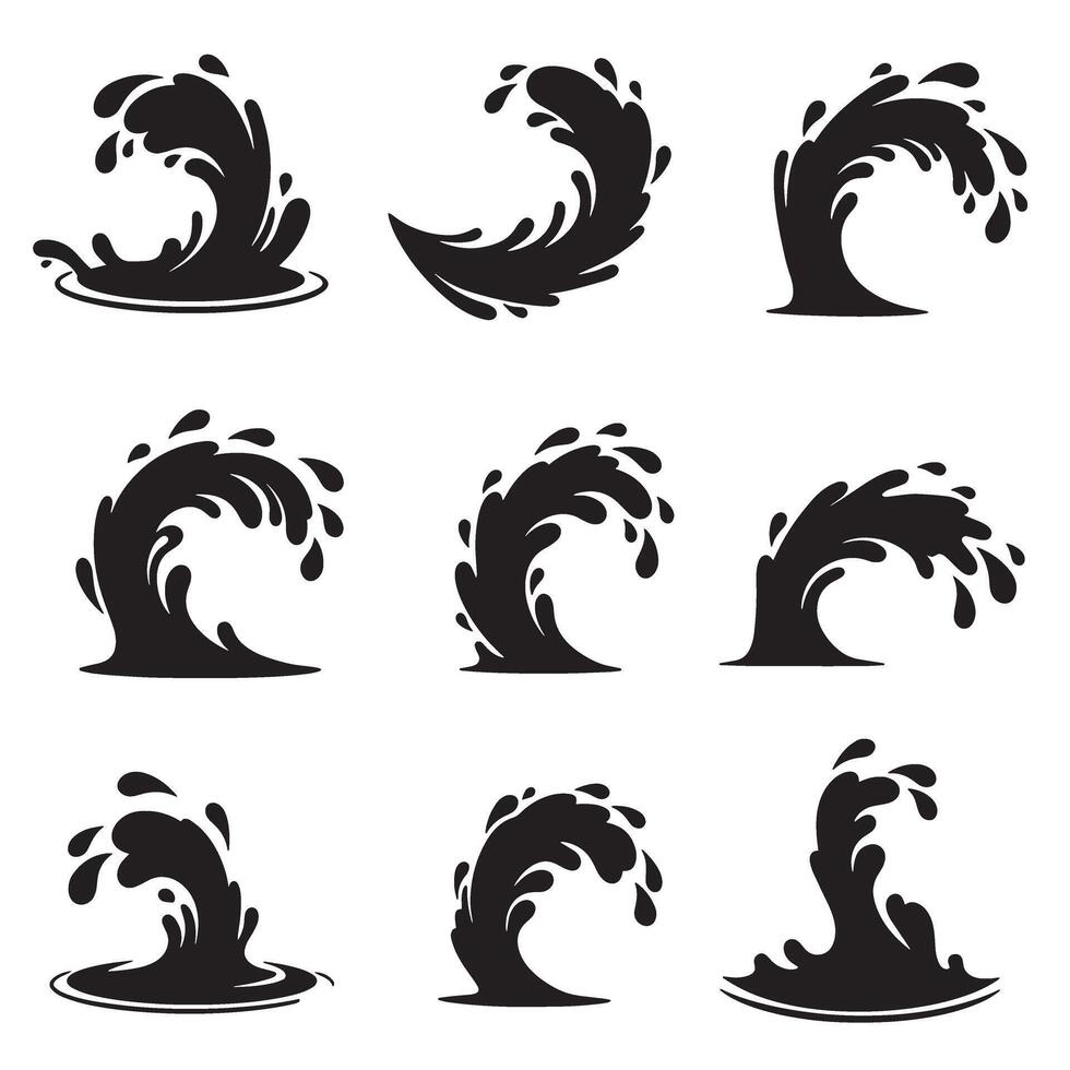 Set of nine black and white water wave silhouettes representing motion and splashing vector