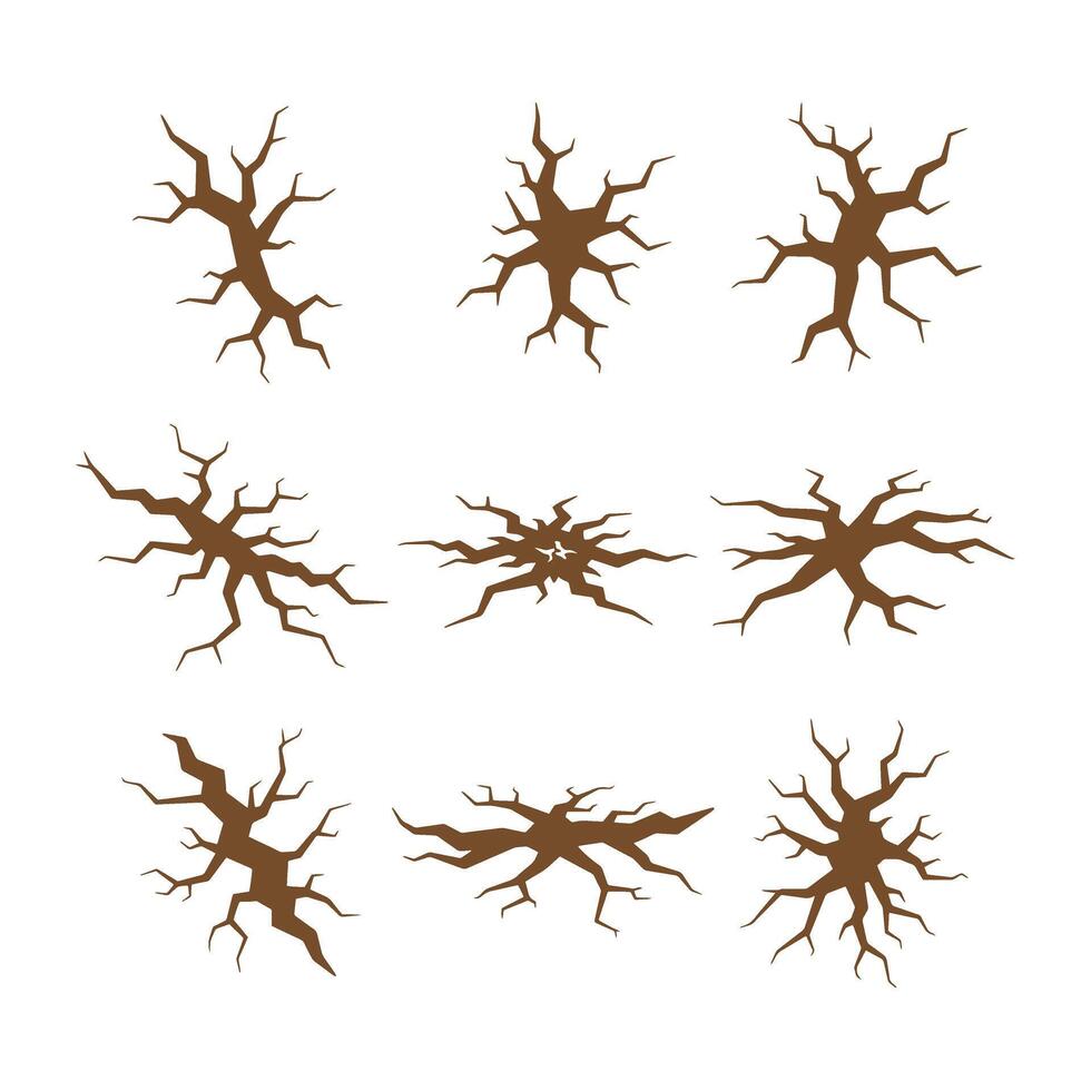 Set of nine brown silhouette crack or fracture designs on a white background suitable for design purposes vector