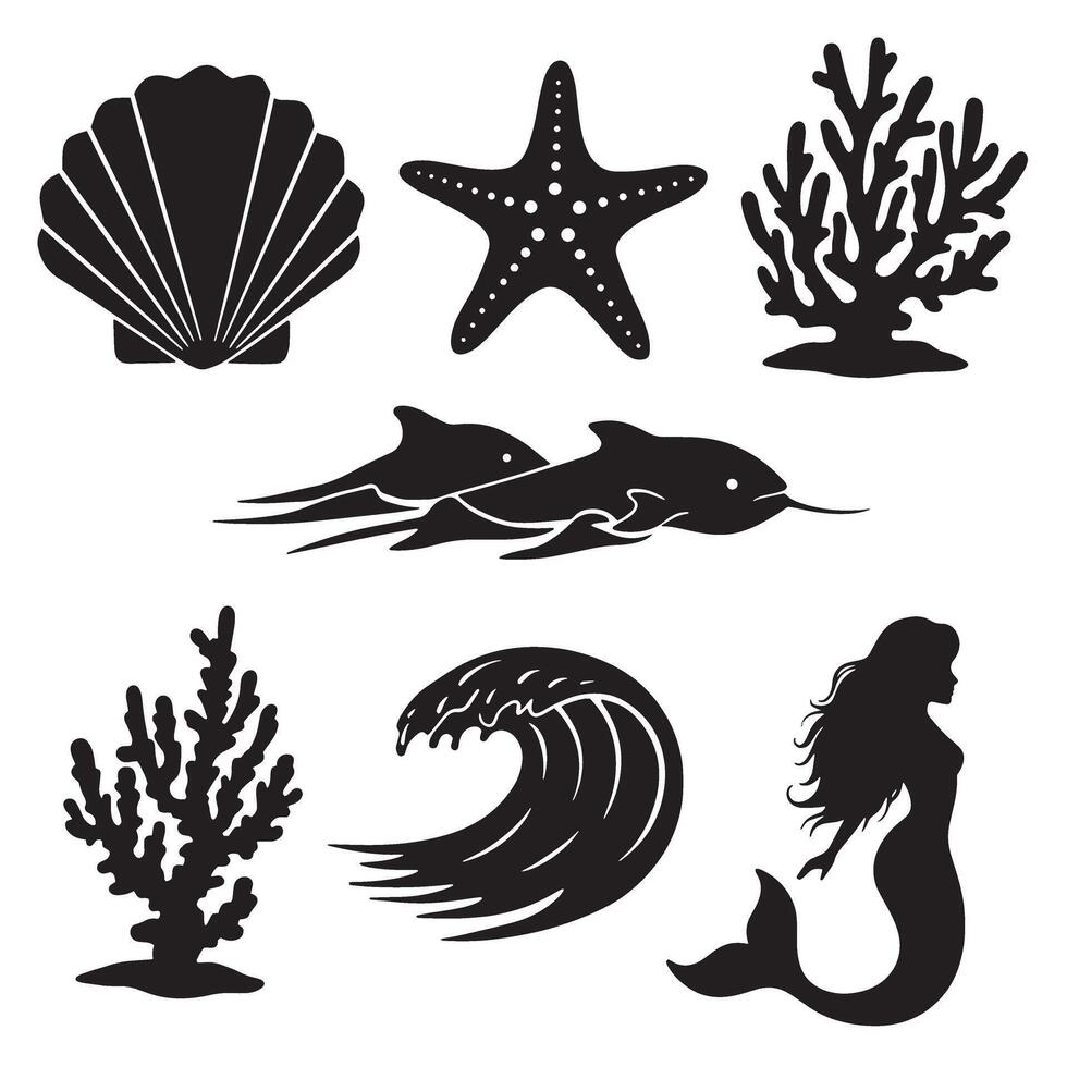 illustrations of marine life including a mermaid shell starfish dolphin and coral reef silhouette set vector