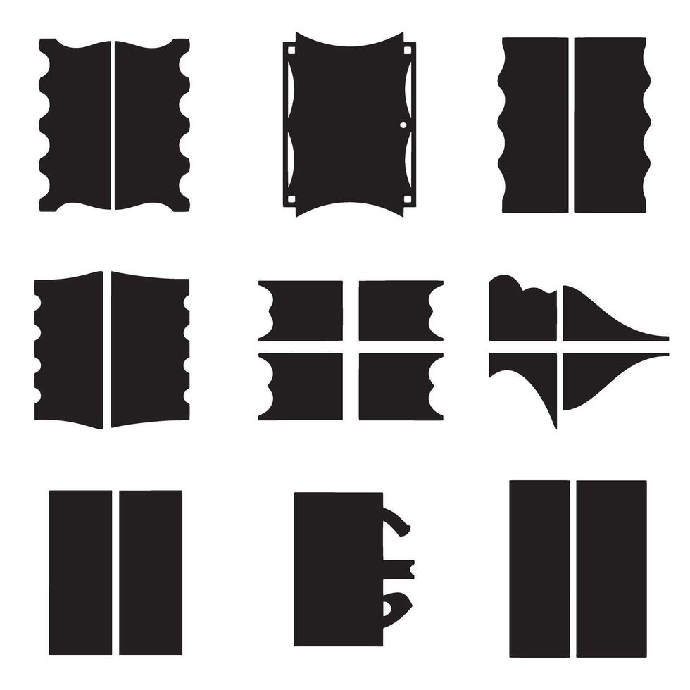 Set of nine black and white ticket stubs or silhouette border shapes in format vector