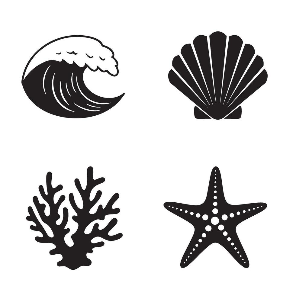 Minimalist ocean elements silhouette set design vector