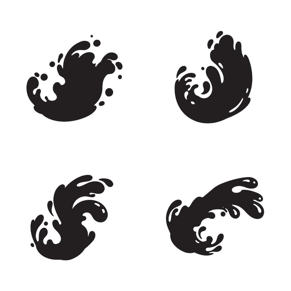 Four graphic designs of water splash silhouettes in black depicting dynamic liquid splatters and fluid movements on white background vector