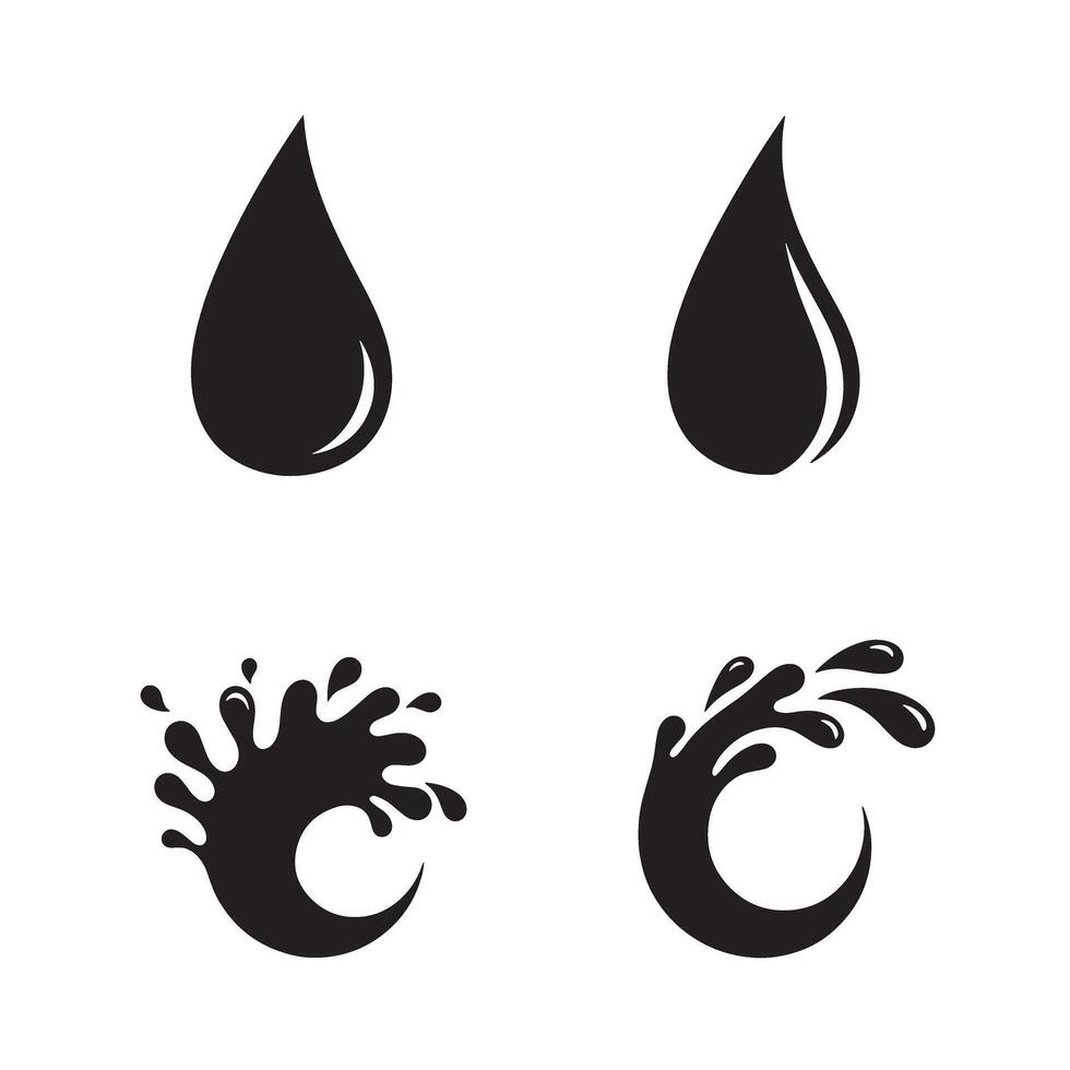 Black and white icons depicting water droplets and water splashes in a simple silhouette style vector