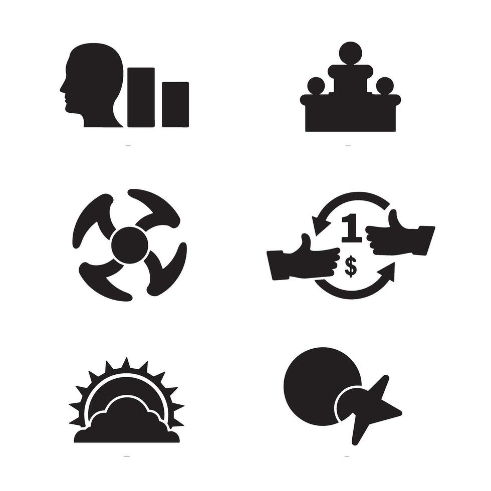 Collection of black silhouette icons representing diverse concepts and symbols vector