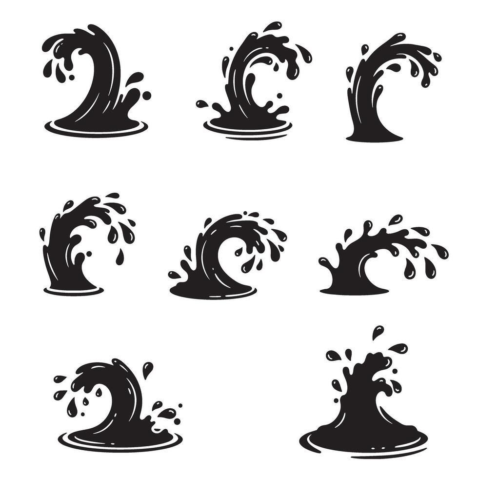 A collection of dynamic silhouette water wave splashes illustrative graphic design elements vector