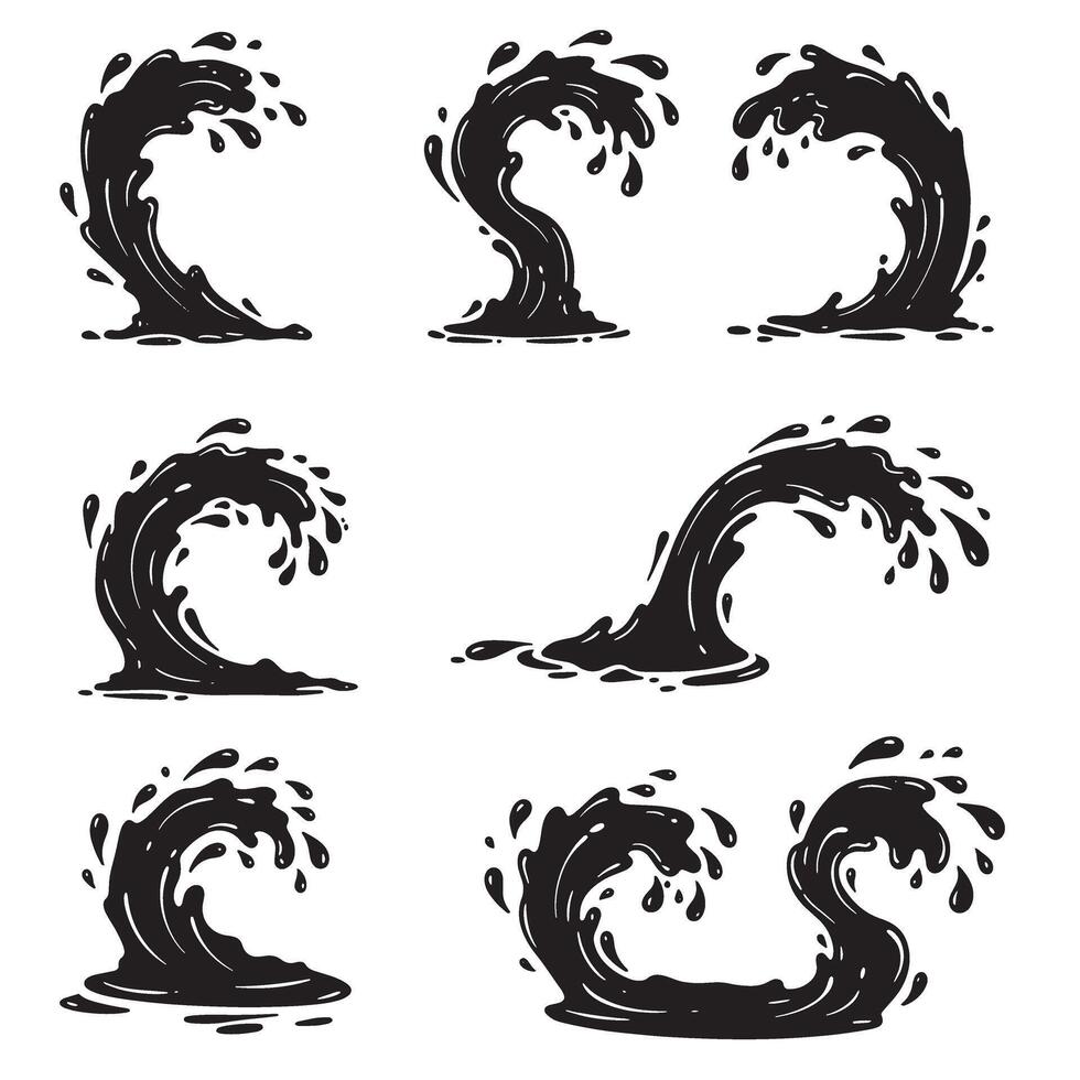 Collection of stylized monochrome water splash illustrations showcasing dynamic curves and fluid movement, a silhouette set. vector