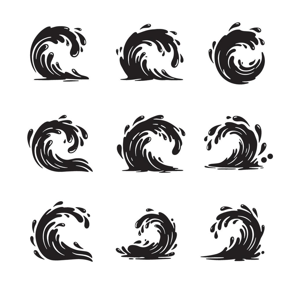 illustration of a set of nine silhouette wave designs in black and white for decorative use vector
