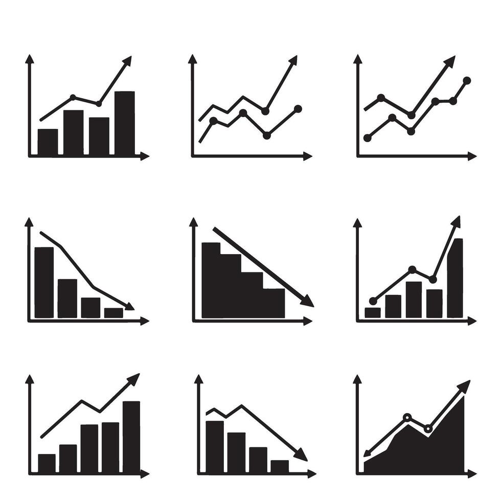 Collection of various financial and business growth charts in silhouette style for infographics vector