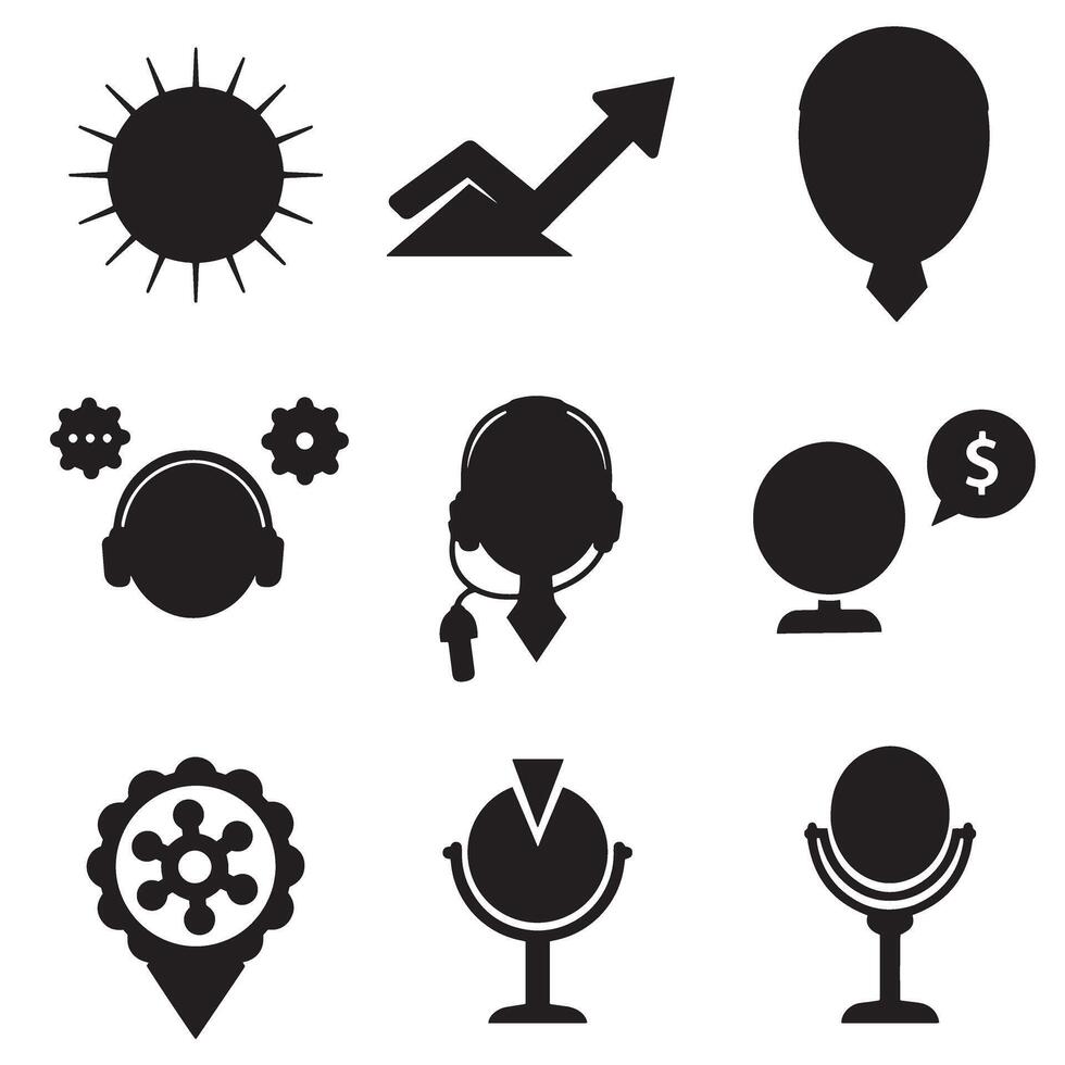 Diverse set of minimalist black and white silhouette icons depicting business concepts and symbols vector