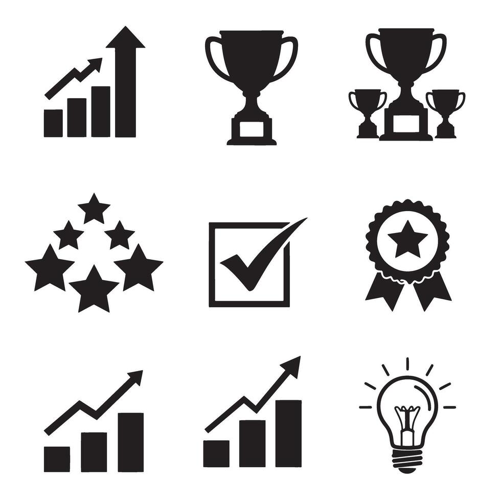 Business success icons and visual metaphors for achievement and progress displayed in a monochrome silhouette style vector