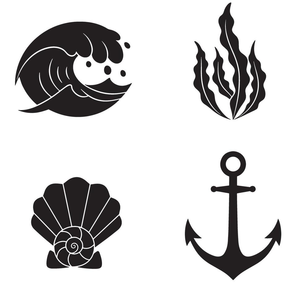 Elegant silhouette illustrations depicting sea creatures and nautical elements on a clean white background vector
