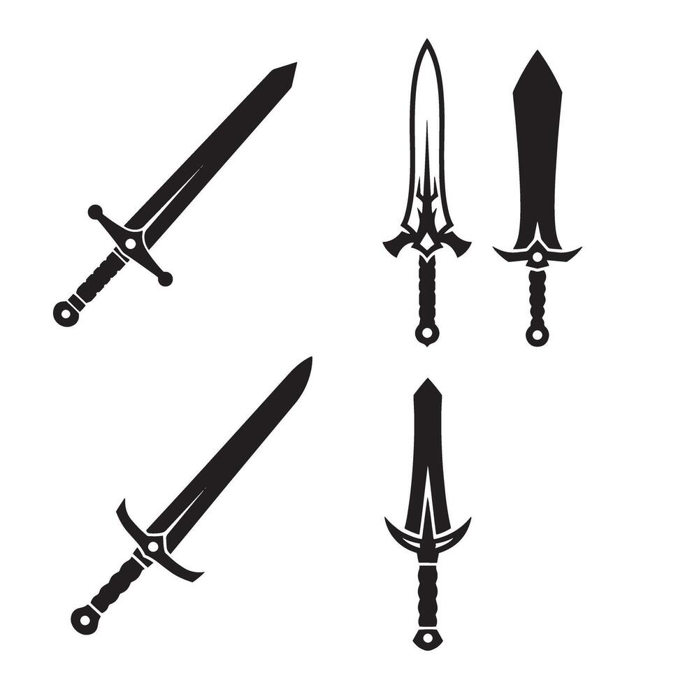 Collection of black sword silhouettes on white background for design and decorative purposes vector