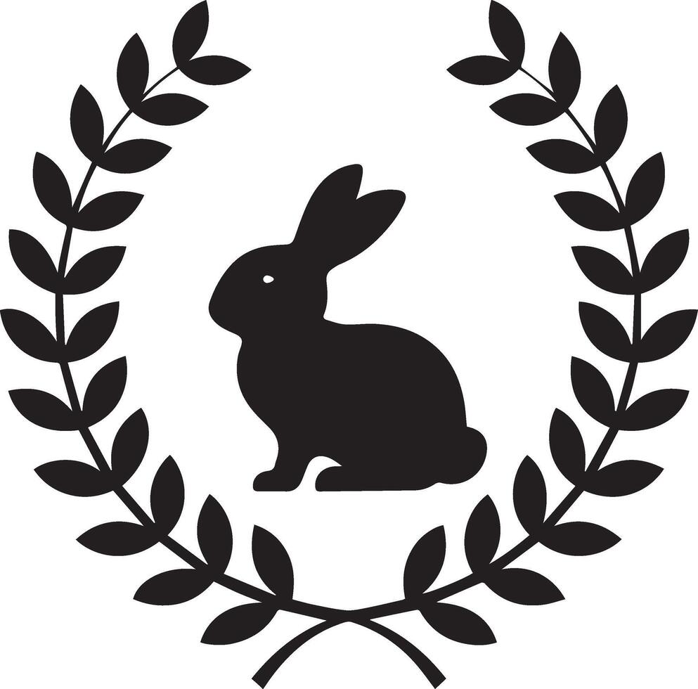 a black and white logo of a rabbit in a laurel wreath vector