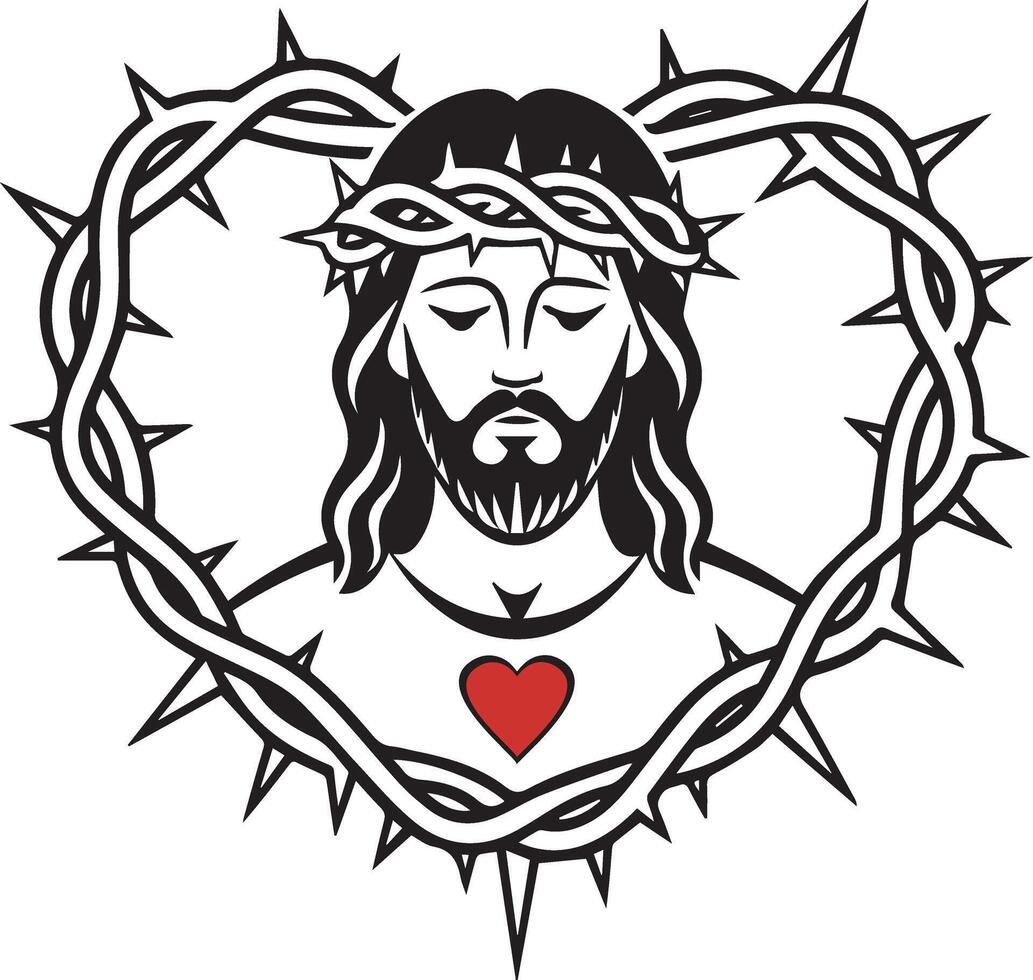 jesus with crown of thorns and heart illustration vector