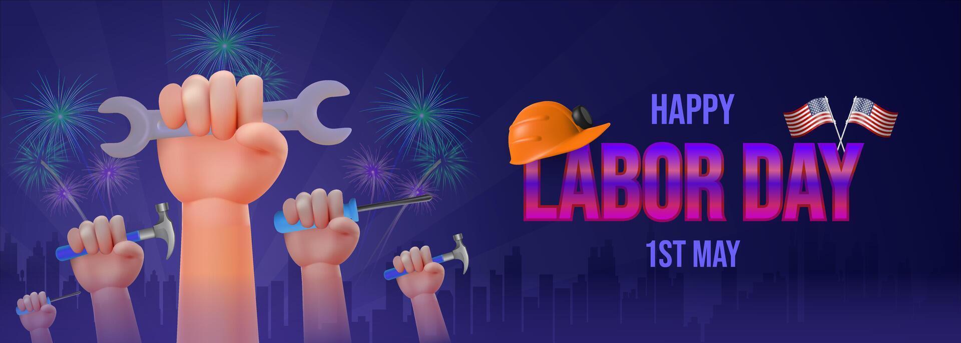 Happy Labor Day Celebration with Tools and Fireworks on a Dark Background vector