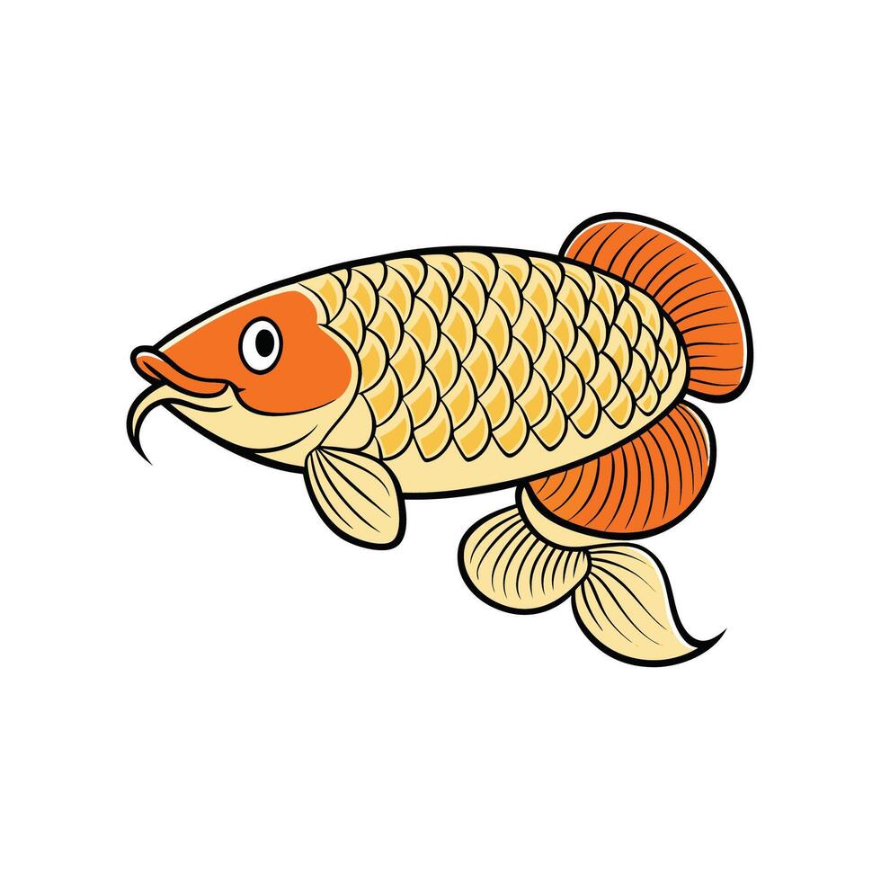 Cartoon Arowana fish illustration with yellow scales and orange fins vector