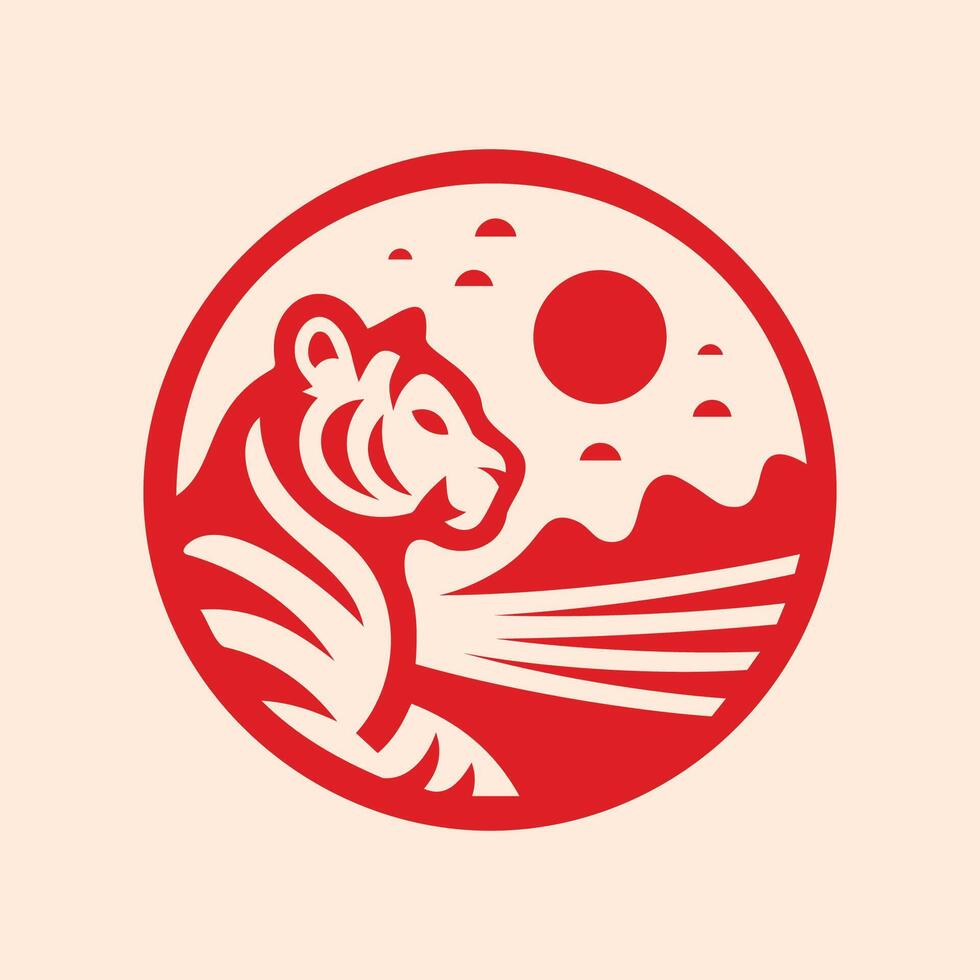 Red Tiger Symbol in Circular Art Style Depicting Nature and Wildlife vector