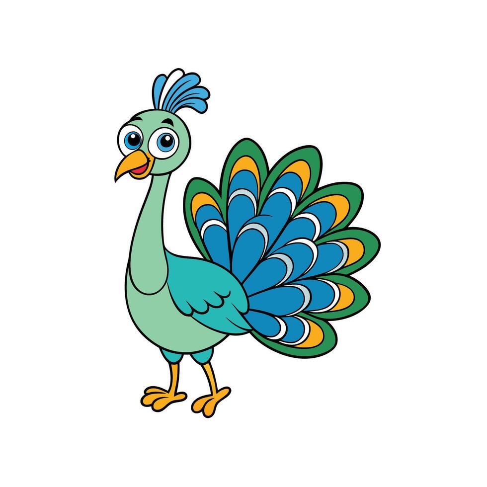 Cartoon peacock illustration with vibrant feathers on white background vector