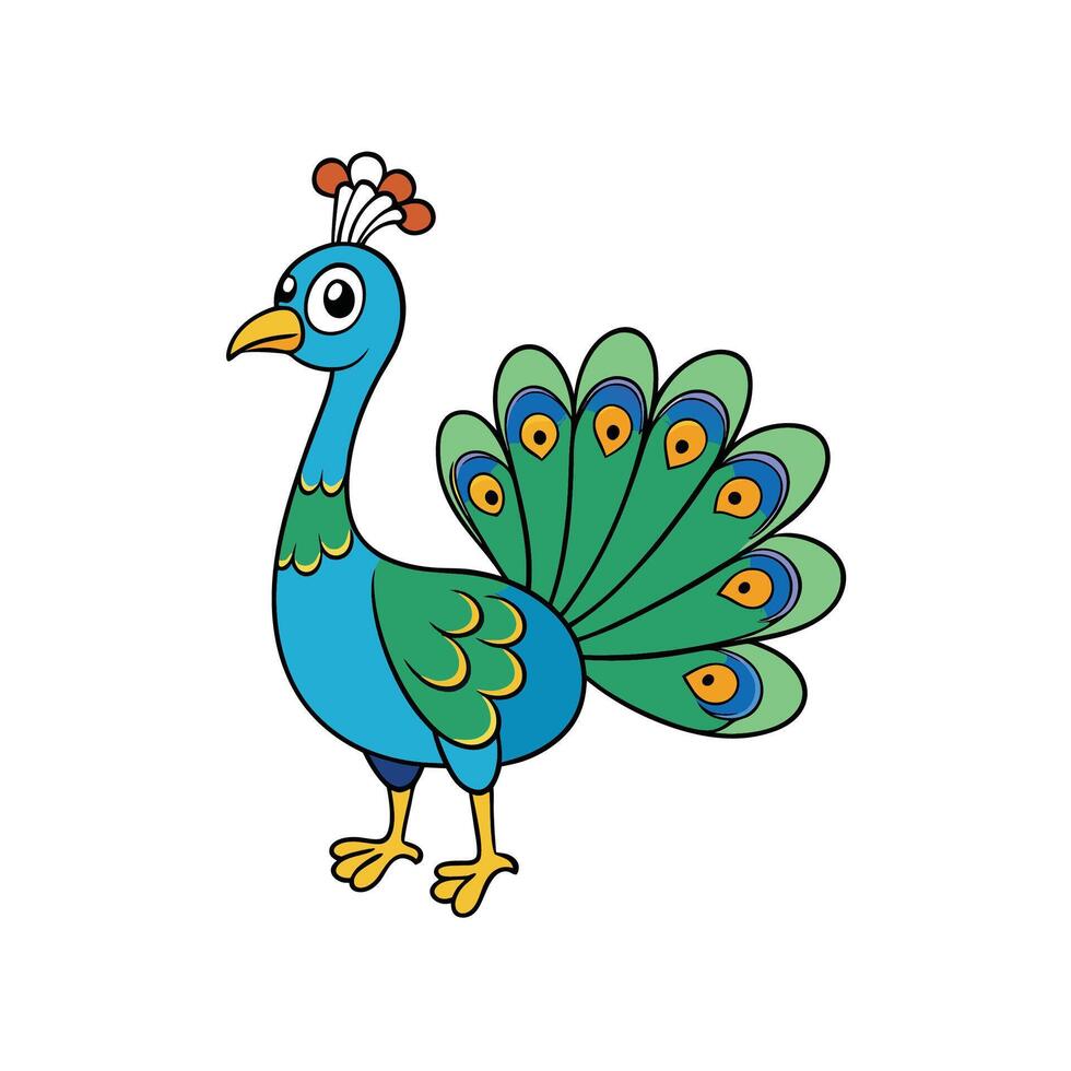 Cartoon peacock with vibrant feathers in simple illustration style vector