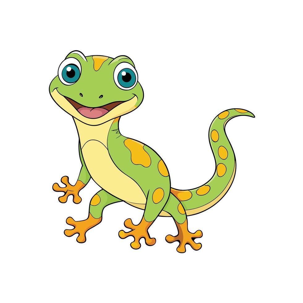 Cartoon green spotted lizard with a happy smiling face vector