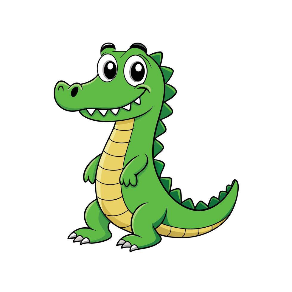 A friendly green cartoon crocodile standing. It features a bubbly style, perfect for childrens illustration vector