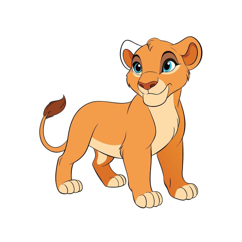 Cute cartoon lioness character standing playfully on white background vector