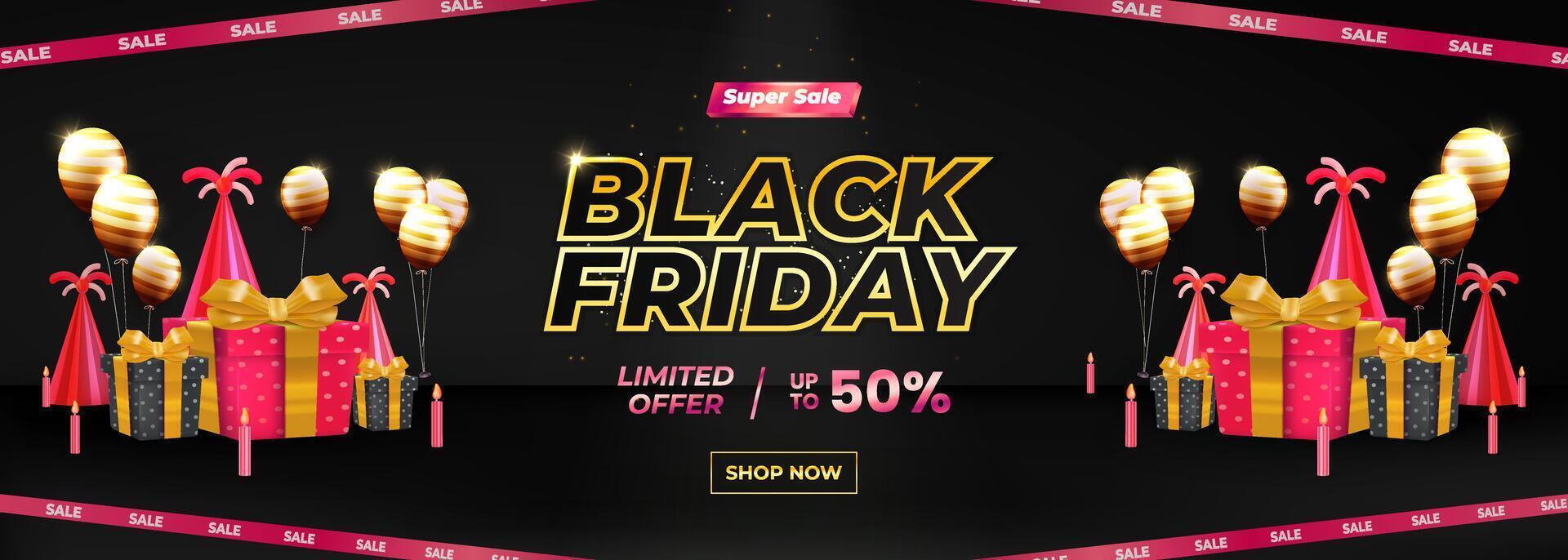 Black Friday Super Sale Advertisement with Festive Balloons and Gift Boxes vector