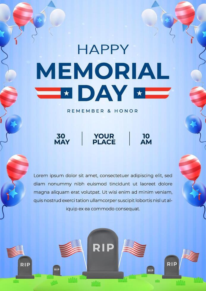 Poster Happy Memorial Day Celebration with Balloons and Honoring Heroic Sacrifices vector